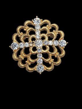 Vintage Monet Rhinestone Cross Brooch Pin Round Dome Textured Gold Tone